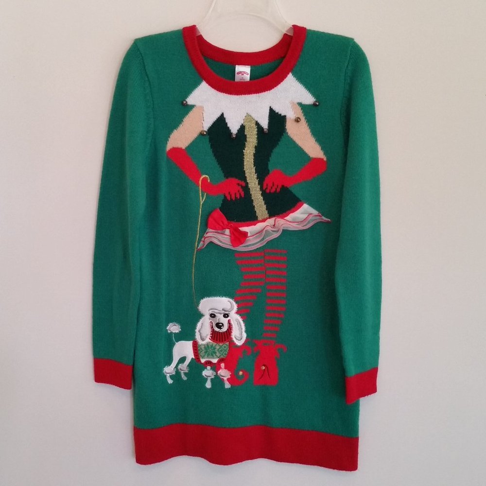 HOLIDAY TIME CHRISTMAS DRESS SIZE M, LADY WITH SATIN BOW, RUFFLES & POODLE